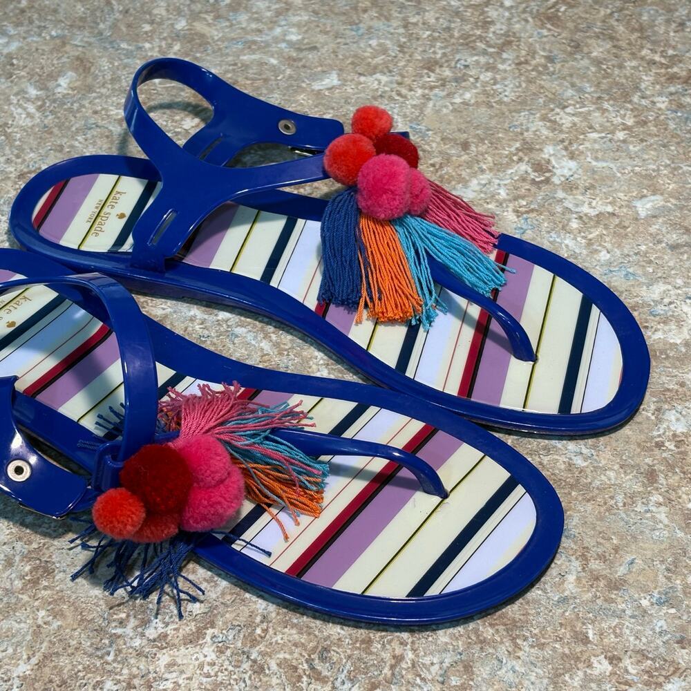 Kate Spade Yellowstone Jelly Pom Pom Tassel Colorful Bright Fun Flats Sandals 10 - Picture 6 of 12